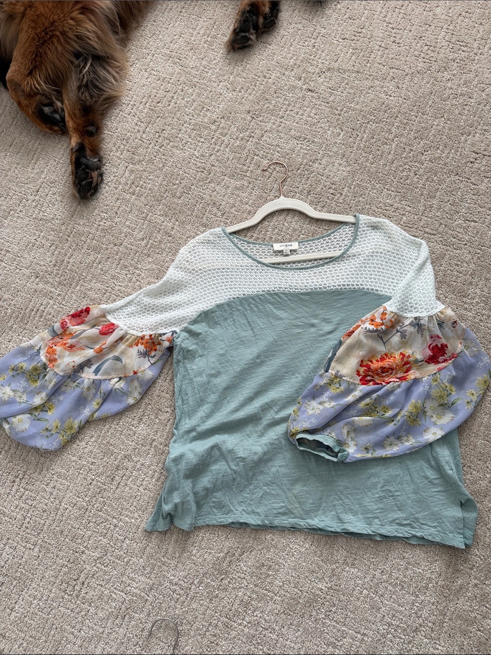 Umgee Seafoam & White Top with Floral Puff Sleeves